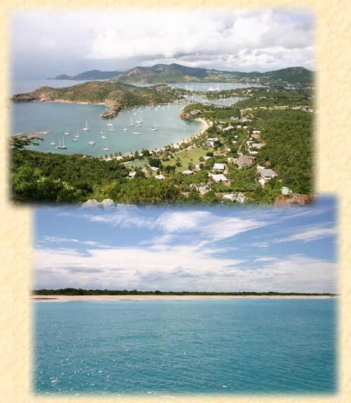 In alto: English Harbour; sotto: l'infinita lingua di sabbia di Barbuda